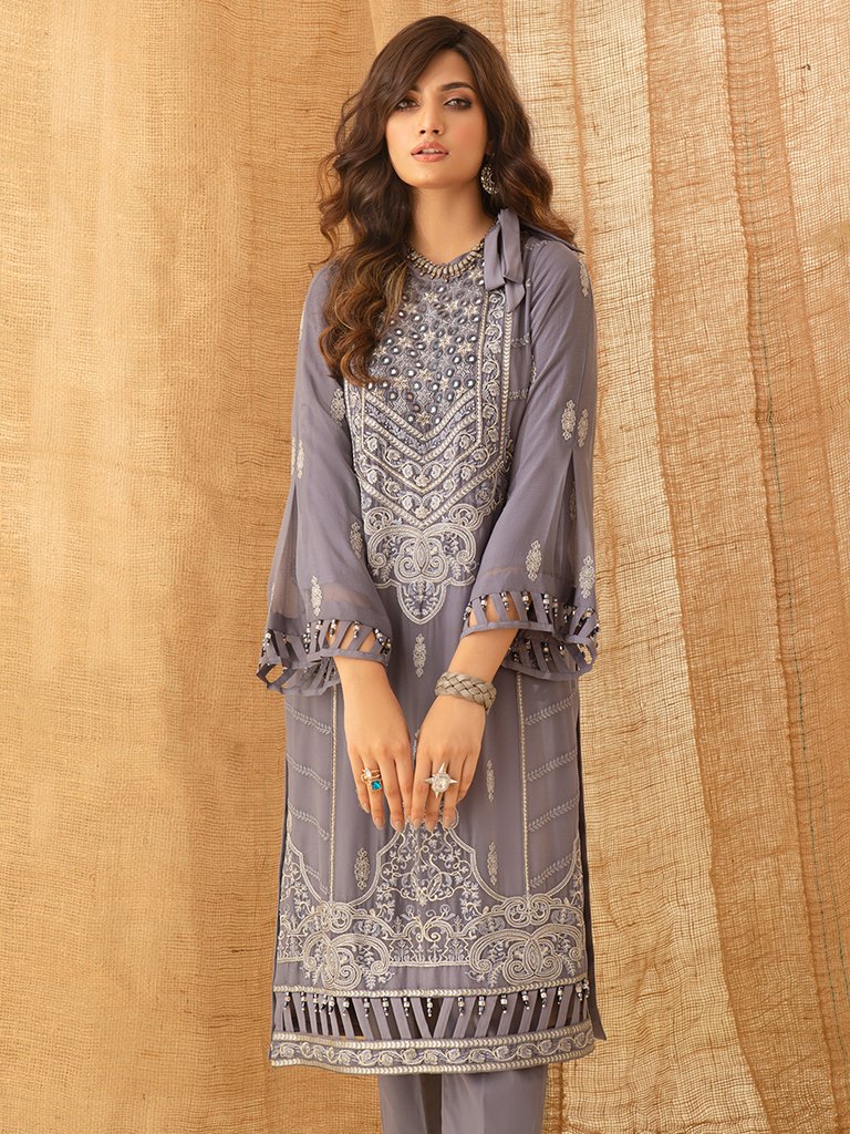 Scarlet - 1pc Unstitched Luxury Embroidered Chiffon Shirt with Dyed Raw Silk Inner (WK-00753)